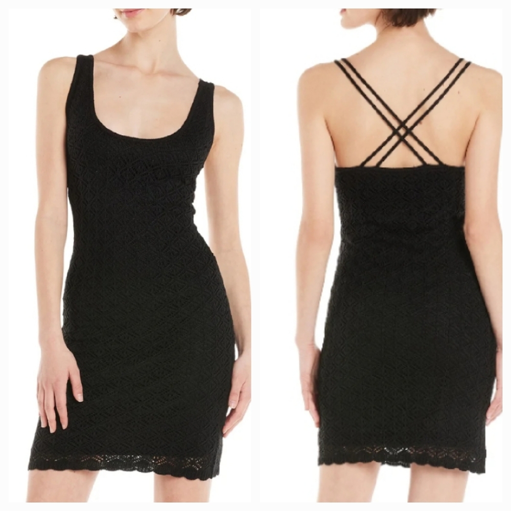 Madden NYC, Scoop Neck Fitted Mini, Crochet  Sexy Black Fully Lined X Back Dress - Picture 1 of 9